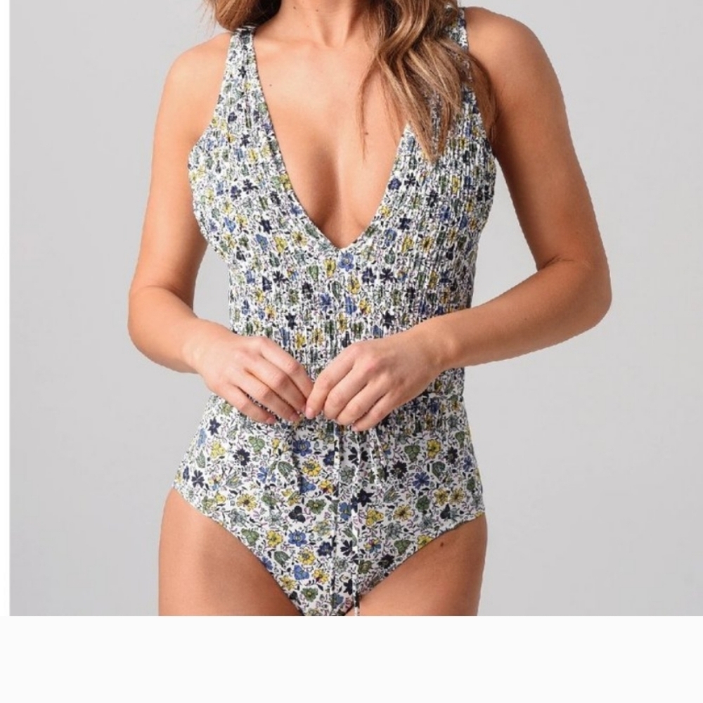 Tory Burch ditsy floral smocked one piece swimsuit Medium